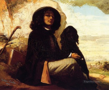 ギュスターヴ・クールベ Painting - 黒い犬との自画像 写実主義 リアリズム画家 ギュスターヴ・クールベ